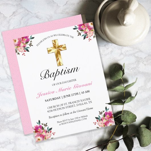 Elegant PInk Floral Gold Cross Baptism Uitnodiging