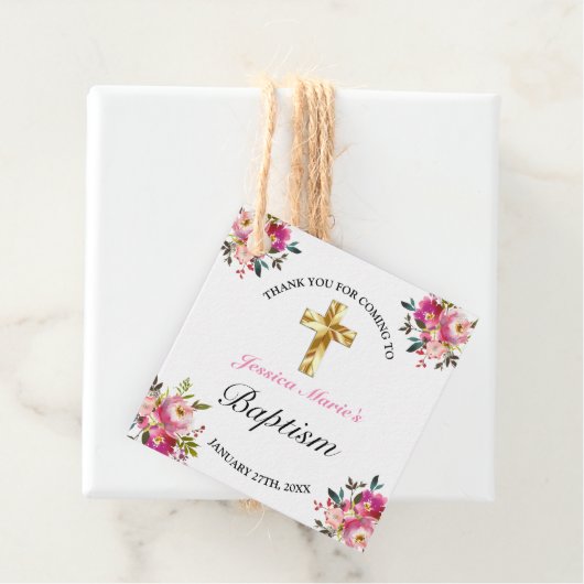 Elegant PInk Floral Gold Cross Baptisme Bedankjes Labels (In situ)