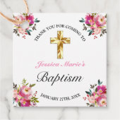 Elegant PInk Floral Gold Cross Baptisme Bedankjes Labels (Voorkant)