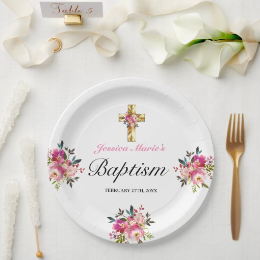 Elegant PInk Floral Gold Cross Baptisme Papieren Bordje (Huwelijk)
