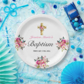 Elegant PInk Floral Gold Cross Baptisme Papieren Bordje (Feest)