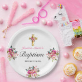 Elegant PInk Floral Gold Cross Baptisme Papieren Bordje (Feest)