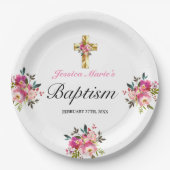 Elegant PInk Floral Gold Cross Baptisme Papieren Bordje (Voorkant)