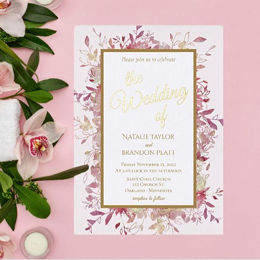 Elegant Pink Floral Gold Foil Wedding Folie Uitnodiging