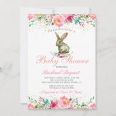 Elegant Pink Floral Gold Glitter Bunny Baby shower Kaart (Voorkant)