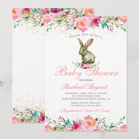 Elegant Pink Floral Gold Glitter Bunny Baby shower Kaart (Voorkant / Achterkant)