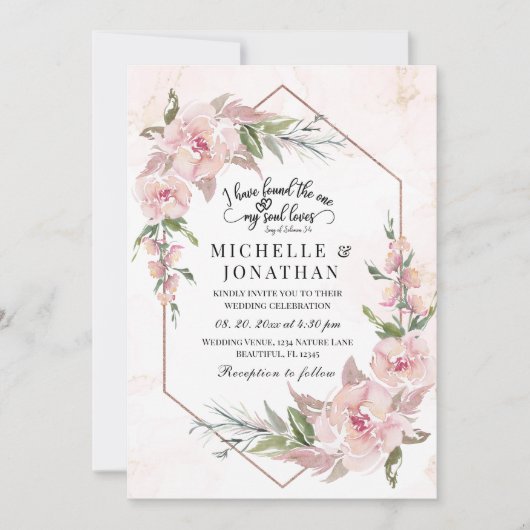 Elegant Pink Floral Gold Lijst Bijbel Verse Weddin Kaart (Voorkant)