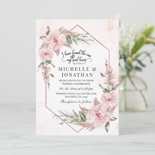 Elegant Pink Floral Gold Lijst Bijbel Verse Weddin Kaart (Staand voorkant)