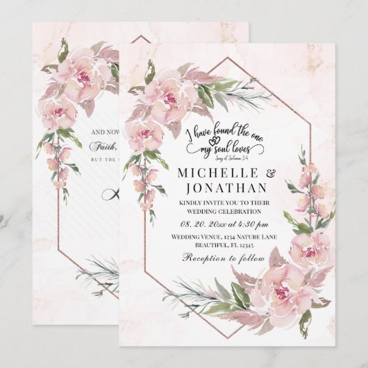 Elegant Pink Floral Gold Lijst Bijbel Verse Weddin Kaart (Voorkant / Achterkant)