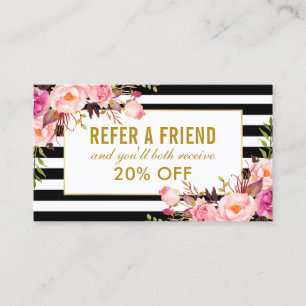 Elegant Pink Floral Gold Lijst Striped Reference Visitekaartje