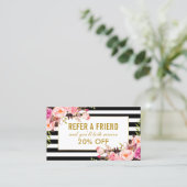 Elegant Pink Floral Gold Lijst Striped Reference Visitekaartje (Staand voorkant)