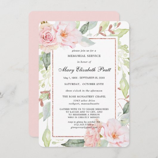 Elegant Pink Floral Gold Memorial Service Invitati Kaart (Voorkant / Achterkant)
