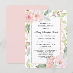 Elegant Pink Floral Gold Memorial Service Invitati Kaart