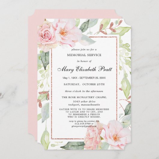 Elegant Pink Floral Gold Memorial Service Invitati Kaart (Voorkant / Achterkant)