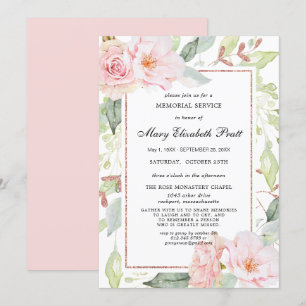 Elegant Pink Floral Gold Memorial Service Kaart