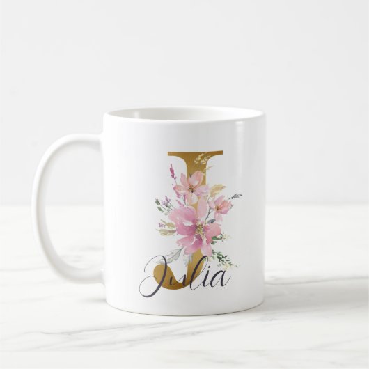Elegant Pink Floral Gold Monogram Letter J Koffiemok (Links)