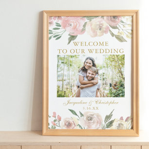 Elegant Pink Floral Gold Photo Weduwis Welkom Poster
