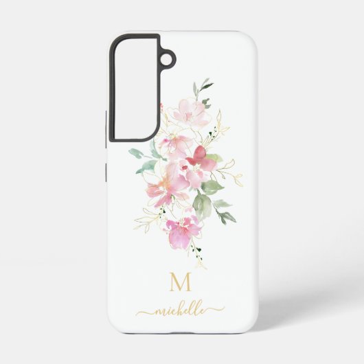 Elegant Pink Floral Gold Script Monogram Samsung Galaxy Hoesje (Achterkant)