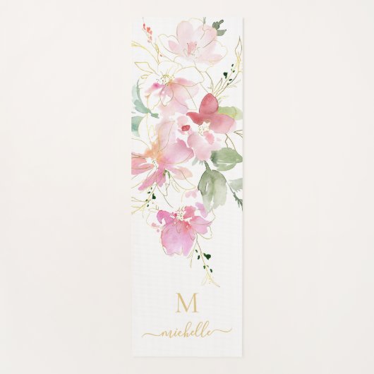Elegant Pink Floral Gold Script Monogram Yogamat (Voorkant)