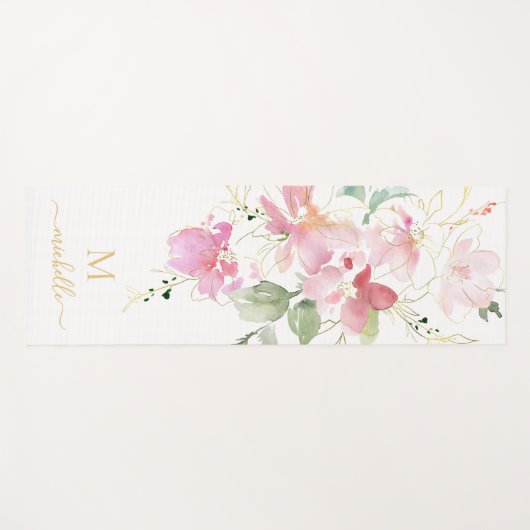 Elegant Pink Floral Gold Script Monogram Yogamat (Voorkant (horizontaal))