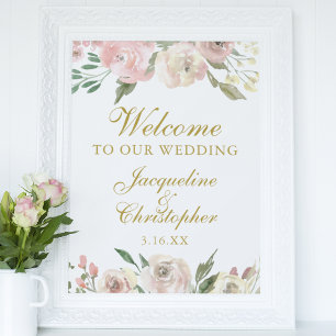 Elegant Pink Floral Gold Welkom bij ons huwelijk Poster