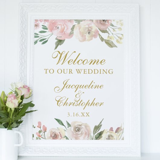 Elegant Pink Floral Gold Welkom bij ons huwelijk Poster