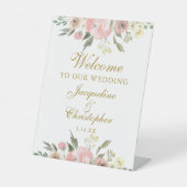 Elegant Pink Floral Gold Welkom bij ons huwelijk Reclamebord Met Voetstuk (Voorkant)