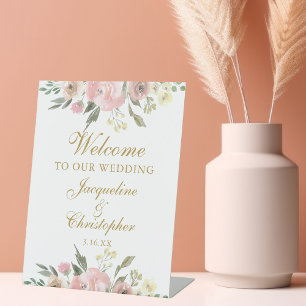 Elegant Pink Floral Gold Welkom bij ons huwelijk Reclamebord Met Voetstuk