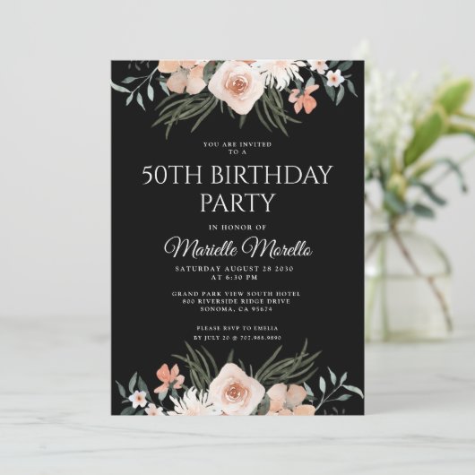 Elegant Pink Floral Greenery 50e verjaardag Partij Kaart (Staand voorkant)