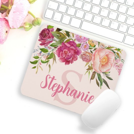Elegant Pink Floral Greenery Monogram Name Initiaa Muismat