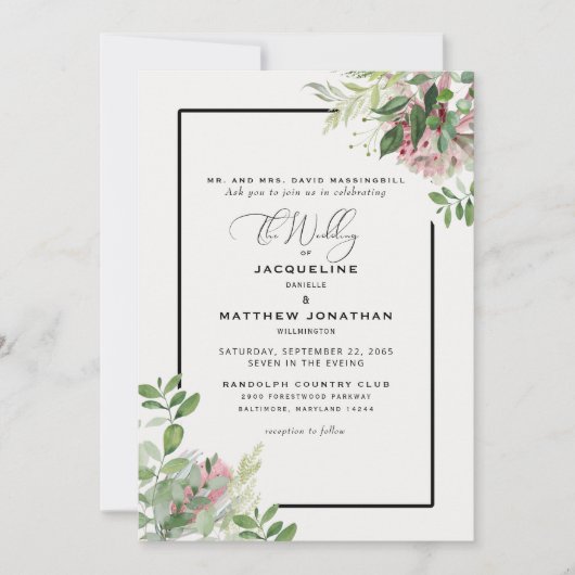 Elegant Pink Floral Greenery Wedding Kaart (Voorkant)
