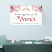 Elegant Pink Floral Happy Birthday Quinceañera Spandoek (Beurs)