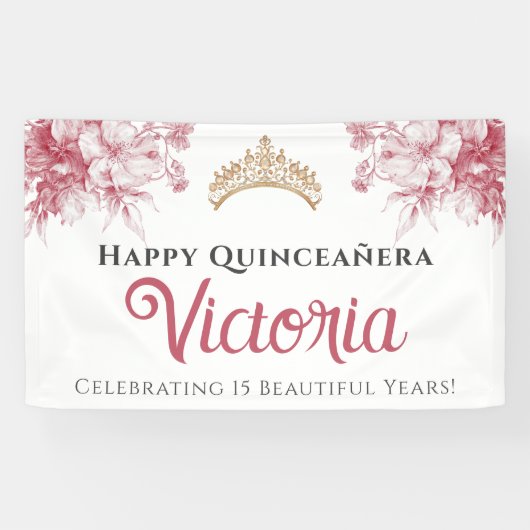 Elegant Pink Floral Happy Birthday Quinceañera Spandoek (Horizontaal)