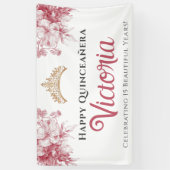 Elegant Pink Floral Happy Birthday Quinceañera Spandoek (Verticaal)