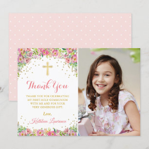 Elegant Pink Floral Heilige Communie Dank u wel Kaart