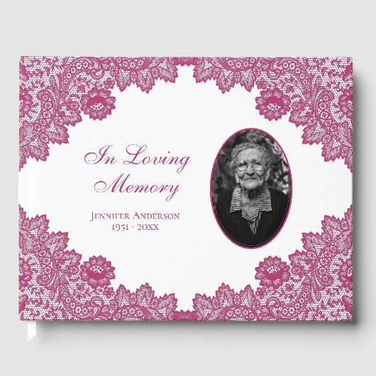 Elegant  Pink Floral Lace Funeral Foto Gastenboek (Voorkant)