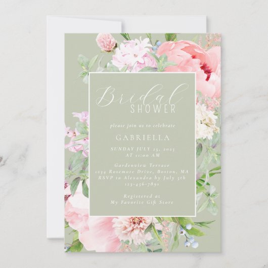 Elegant Pink Floral Light Sage Green Bridal Shower Kaart (Voorkant)