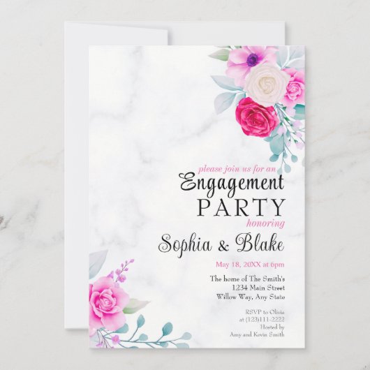 Elegant Pink Floral Marble Engagement Party Kaart (Voorkant)