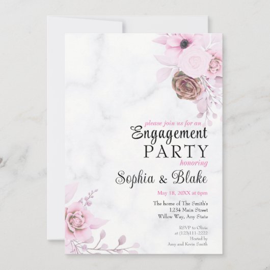 Elegant Pink Floral Marble Engagement Party Kaart (Voorkant)