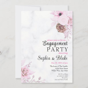 Elegant Pink Floral Marble Engagement Party Kaart