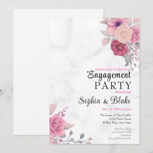 Elegant Pink Floral Marble Engagement Party Kaart (Voorkant / Achterkant)