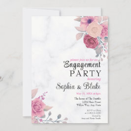 Elegant Pink Floral Marble Engagement Party Kaart