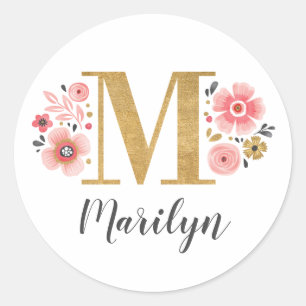 Elegant Pink Floral Monogram Initiaal Gold Letter Ronde Sticker