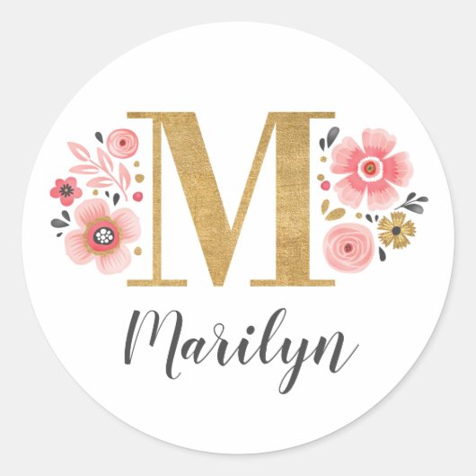 Elegant Pink Floral Monogram Initiaal Gold Letter Ronde Sticker (Voorkant)