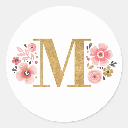 Elegant Pink Floral Monogram Initiaal Gold Letter Ronde Sticker (Voorkant)