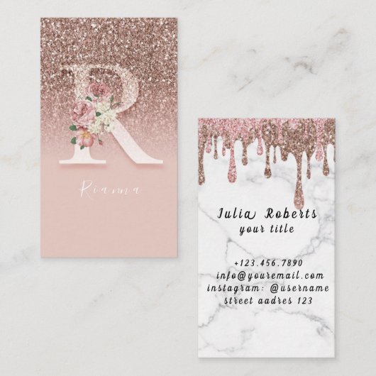 Elegant Pink Floral Monogram Initiaal Gold Letter  Visitekaartje (Voorkant / Achterkant)