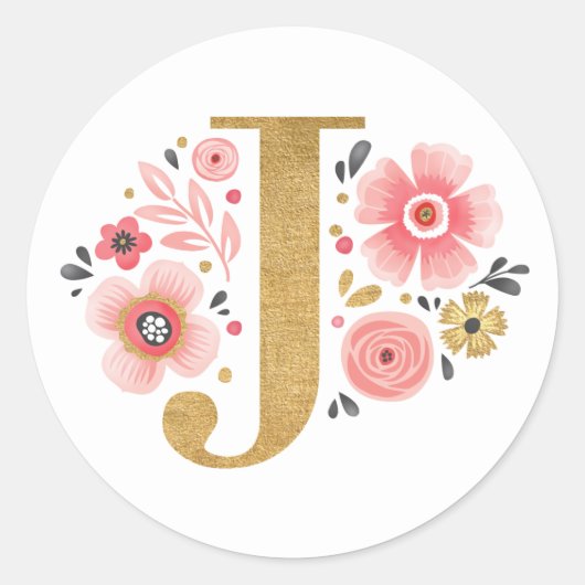 Elegant Pink Floral Monogram Initiaal Letter J Ronde Sticker (Voorkant)