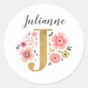 Elegant Pink Floral Monogram Initiaal Letter J Ronde Sticker