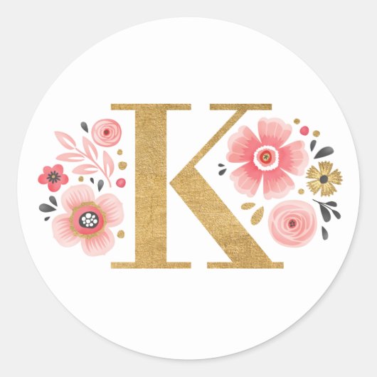 Elegant Pink Floral Monogram Ronde Sticker (Voorkant)