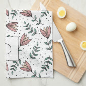 Elegant Pink Floral Monogram Theedoek (Quarter Fold)